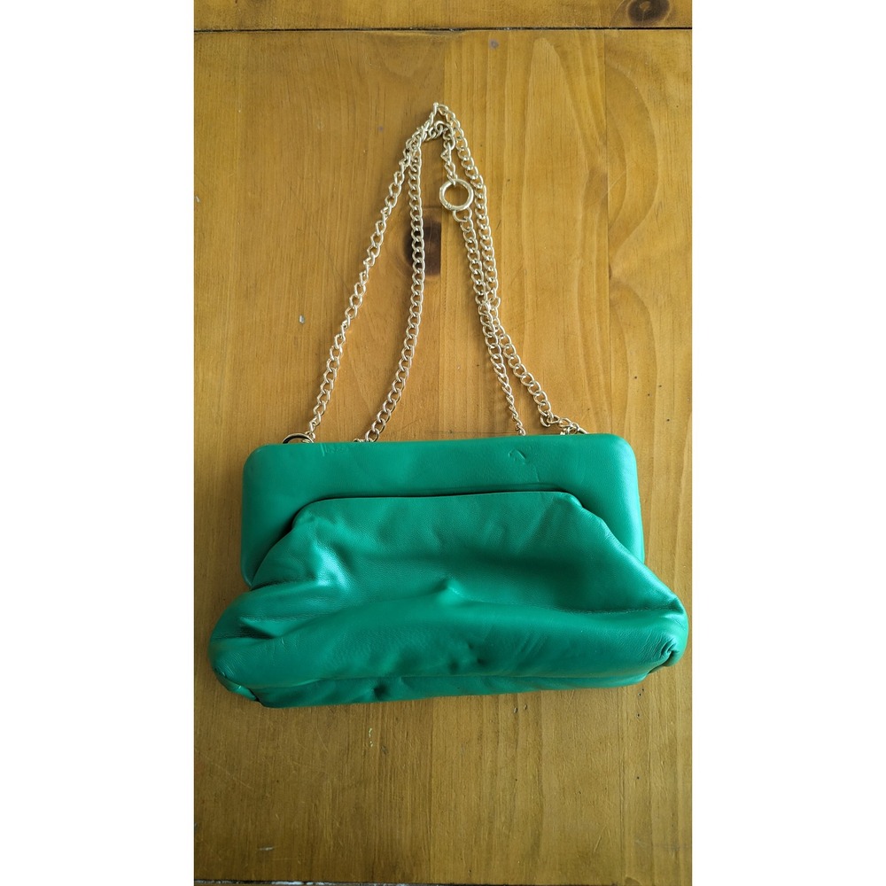 A New Day Green Clutch Handbag Gold Chain Strap Ruched Faux Leather